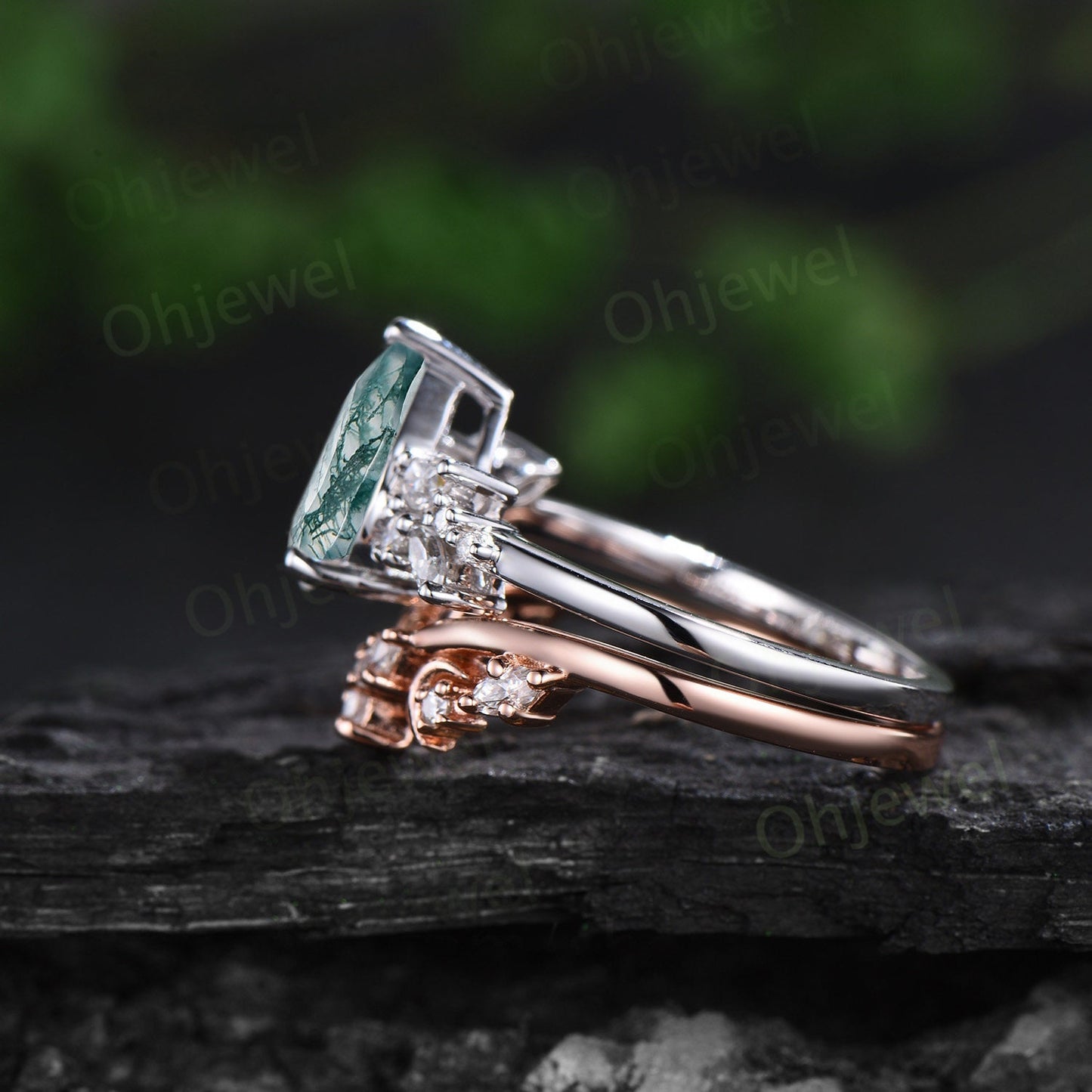 Pear moss agate engagement ring 14k white gold cluster snowdrift diamond ring vintage moon unique bridal wedding ring band set women gift