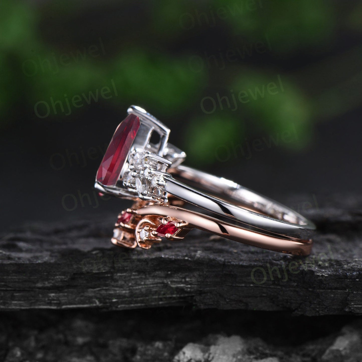Pear cut red ruby engagement ring 14k white gold cluster snowdrift diamond ring vintage moon unique bridal wedding ring band set women gift