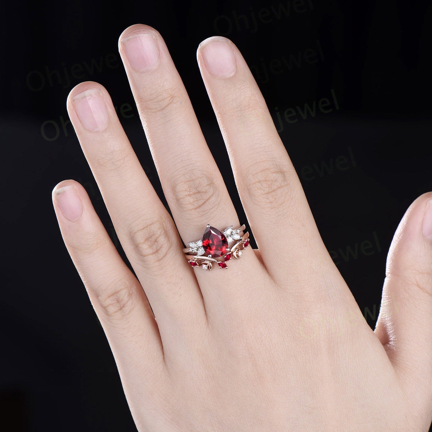Pear cut red ruby engagement ring 14k white gold cluster snowdrift diamond ring vintage moon unique bridal wedding ring band set women gift