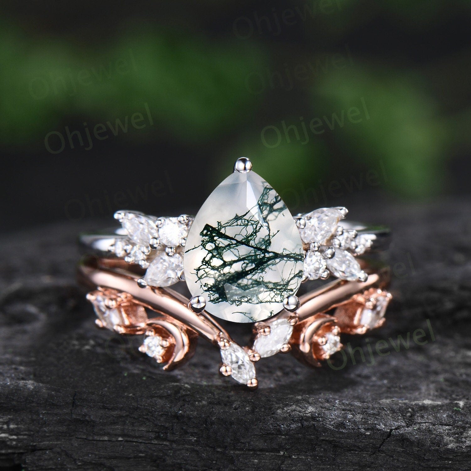 Pear moss agate engagement ring 14k white gold cluster snowdrift