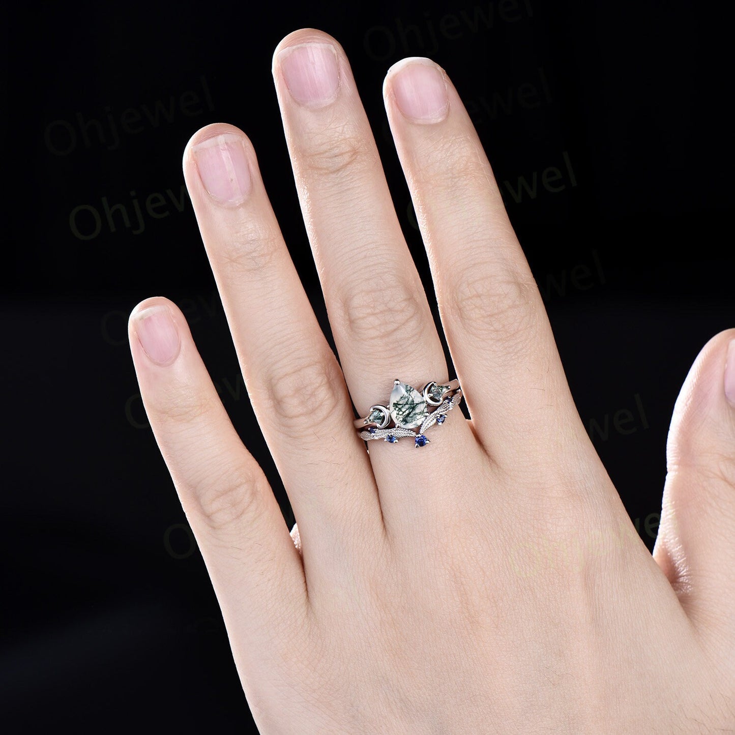Vintage pear moss agate engagement ring white gold kite moss agate ring moon leaf natural sapphire wedding ring set band women jewelry her