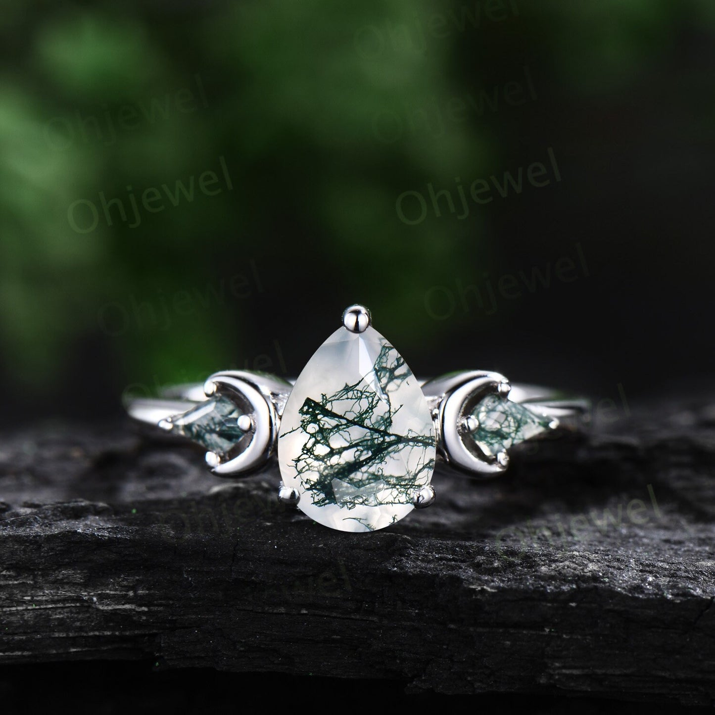 Vintage pear moss agate engagement ring white gold kite moss agate ring moon leaf natural sapphire wedding ring set band women jewelry her