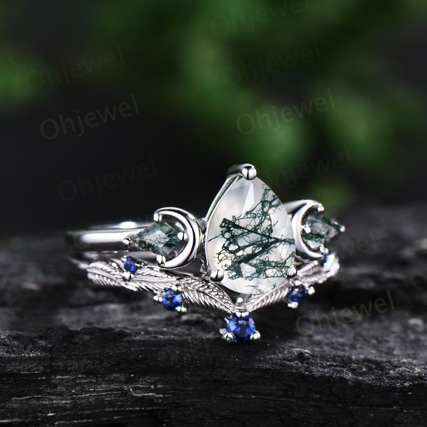 Vintage pear moss agate engagement ring white gold kite moss agate ring moon leaf natural sapphire wedding ring set band women jewelry her