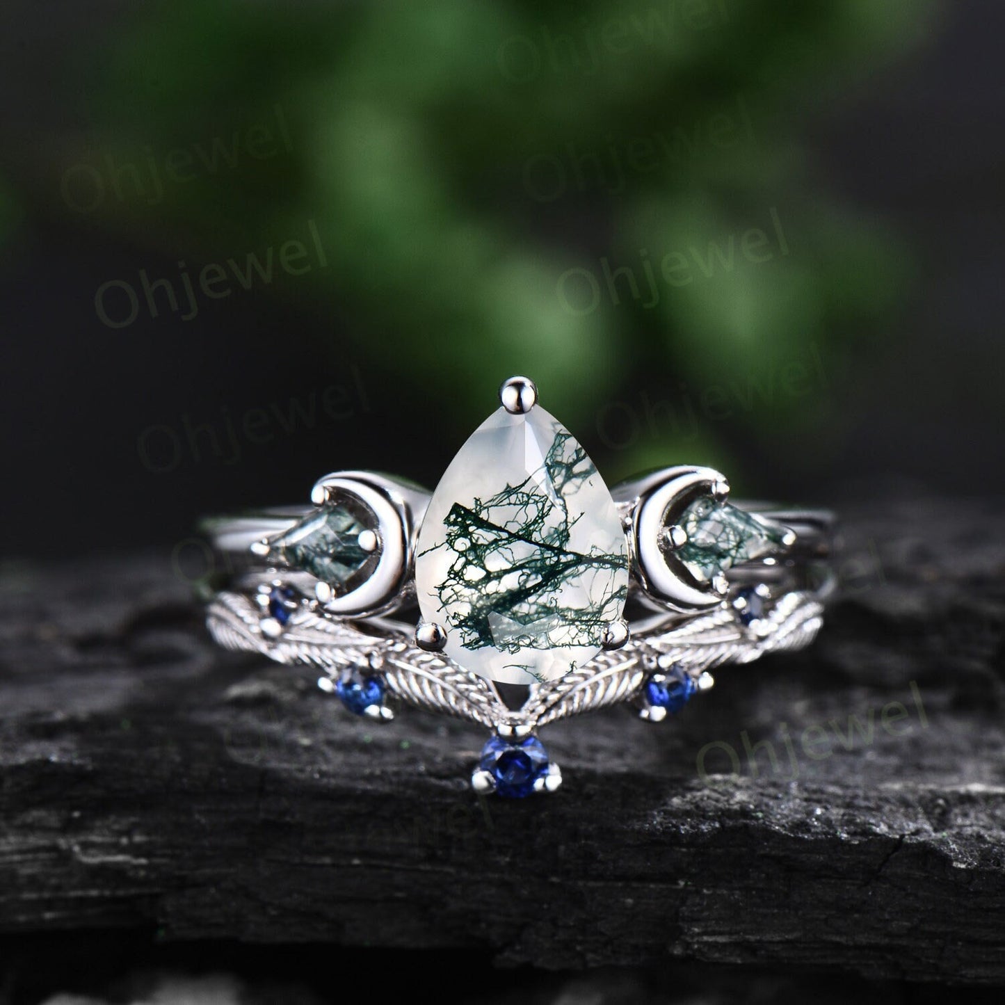 Vintage pear moss agate engagement ring white gold kite moss agate ring moon leaf natural sapphire wedding ring set band women jewelry her