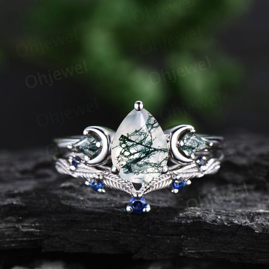 Vintage pear moss agate engagement ring white gold kite moss agate ring moon leaf natural sapphire wedding ring set band women jewelry her
