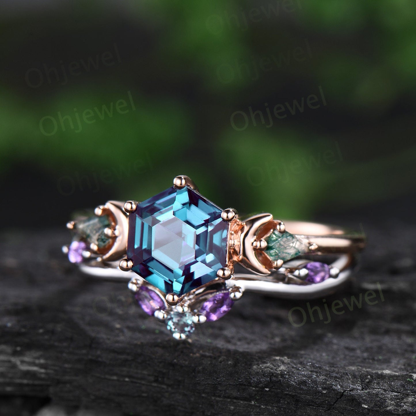 Vintage Hexagon cut alexandrite engagement ring moon three stone kite moss agate ring amethyst wedding ring band stacking bridal set women