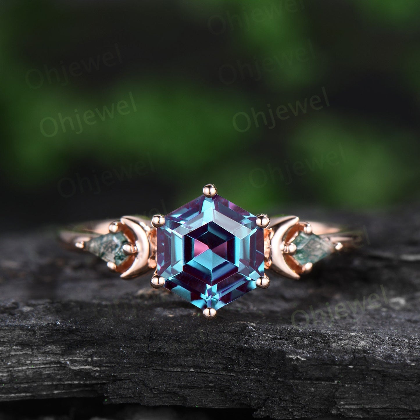 Vintage Hexagon cut alexandrite engagement ring moon three stone kite moss agate ring amethyst wedding ring band stacking bridal set women