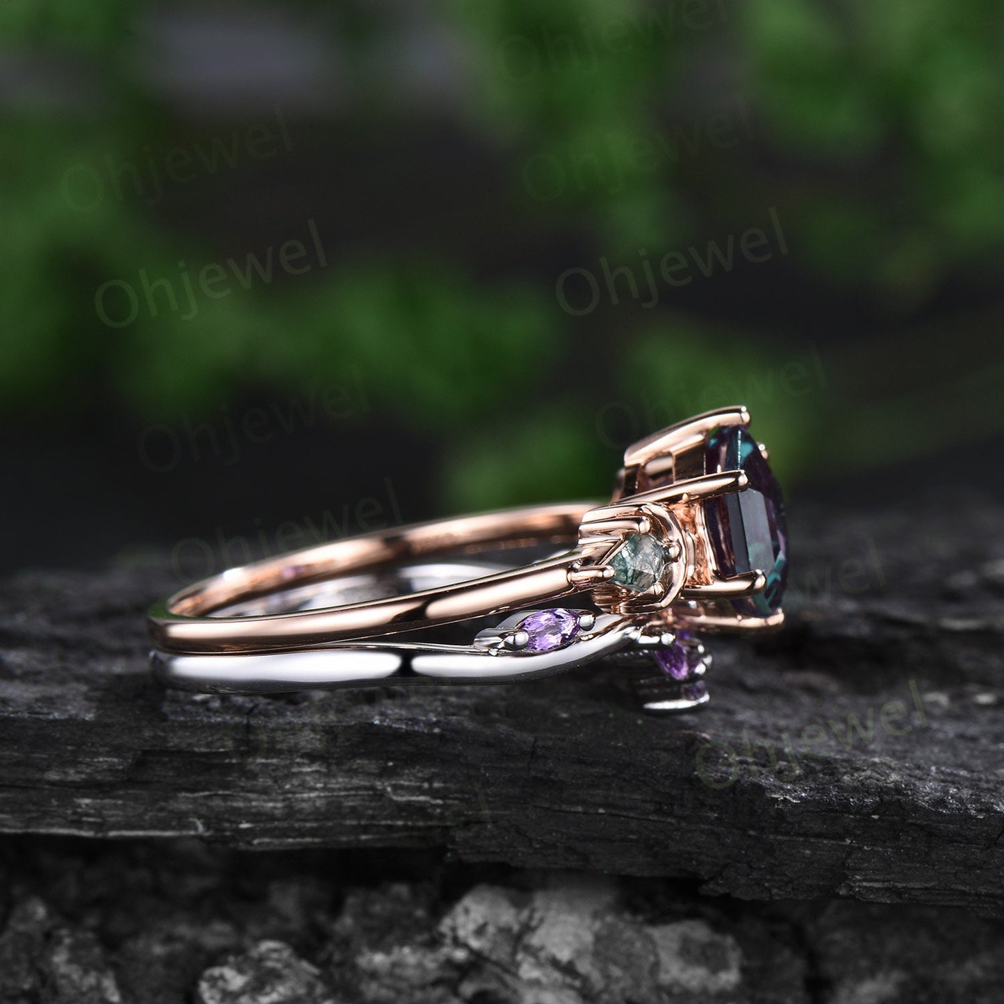 Vintage Hexagon cut alexandrite engagement ring moon three stone kite moss agate ring amethyst wedding ring band stacking bridal set women