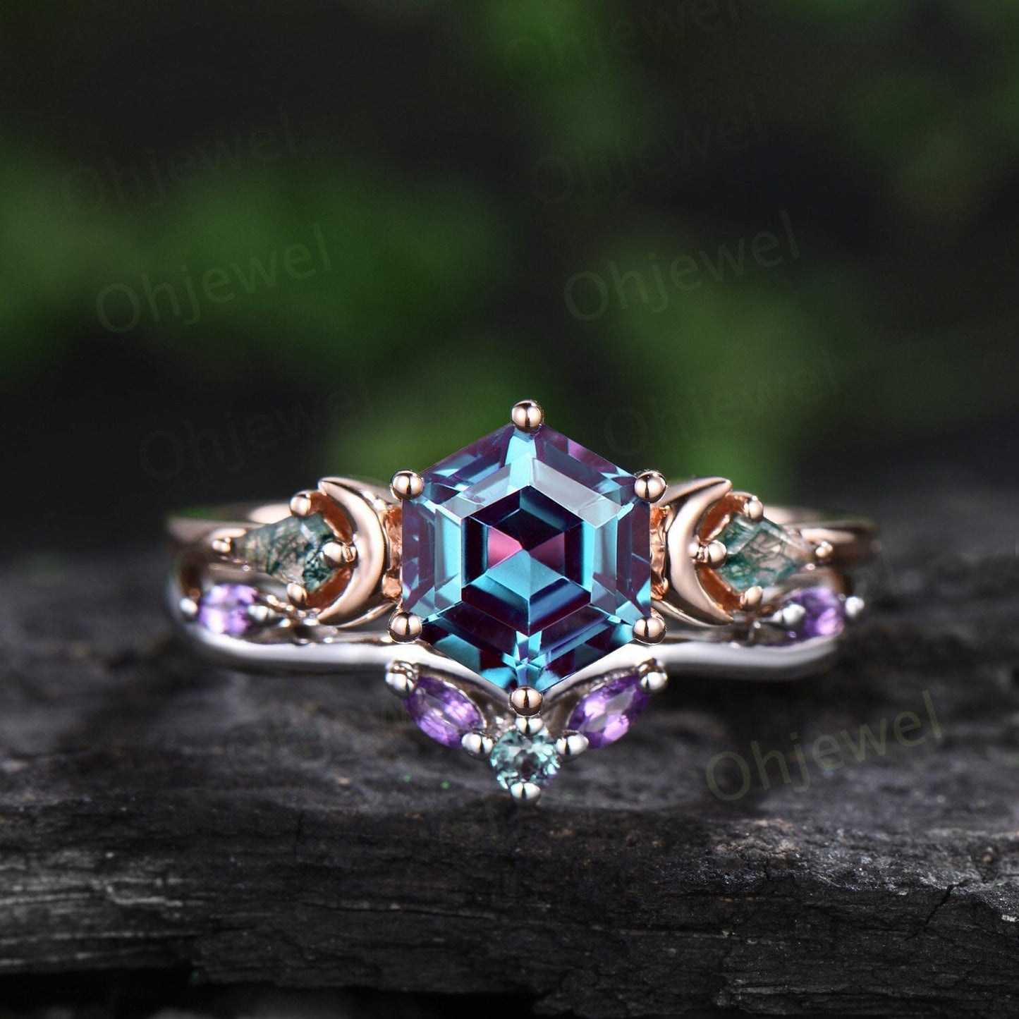 Vintage Hexagon cut alexandrite engagement ring moon three stone kite moss agate ring amethyst wedding ring band stacking bridal set women