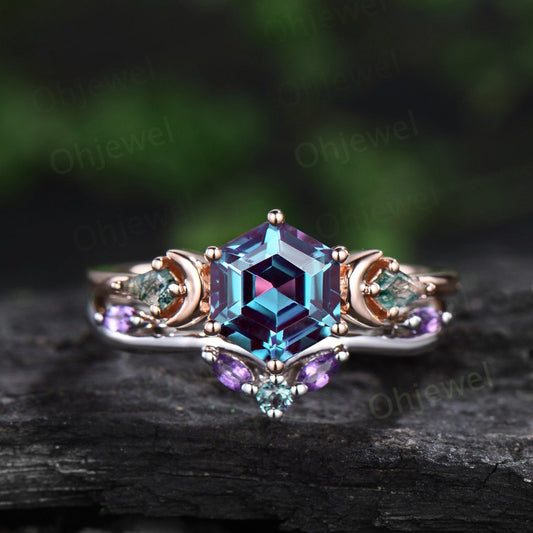 Vintage Hexagon cut alexandrite engagement ring moon three stone kite moss agate ring amethyst wedding ring band stacking bridal set women