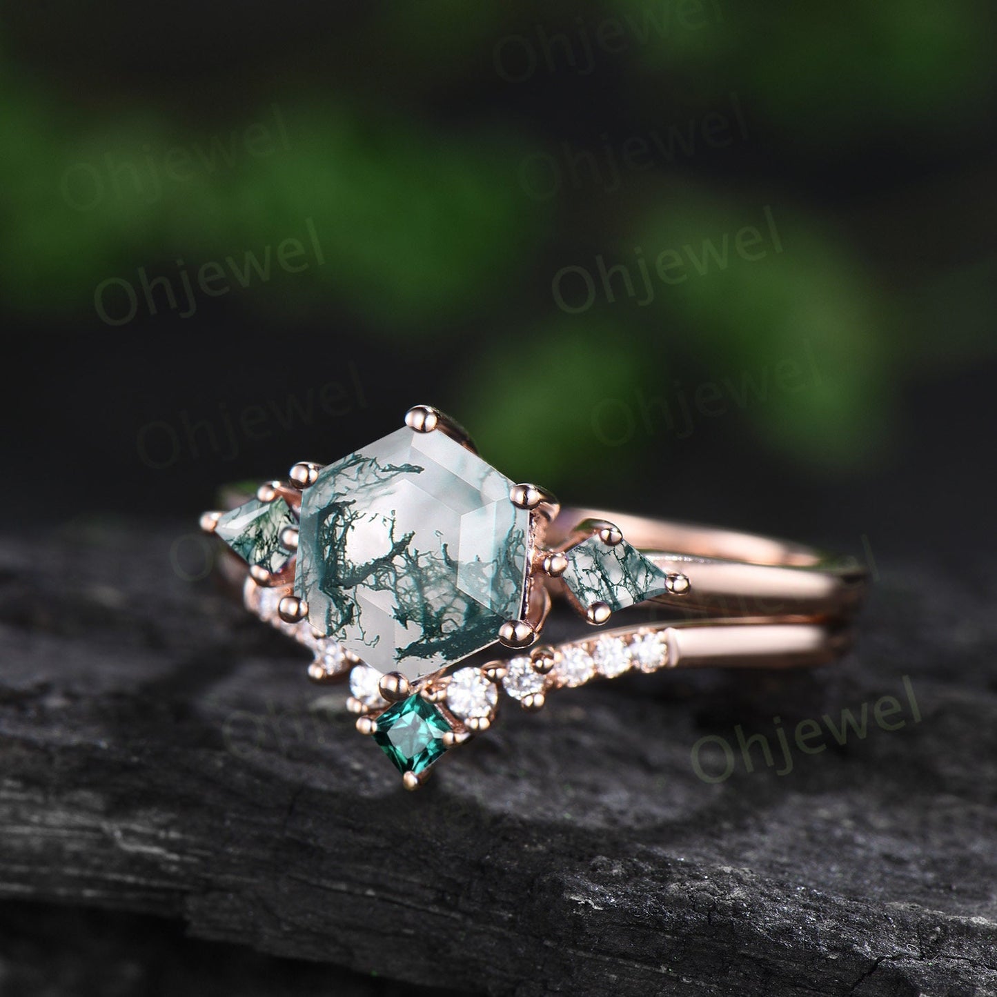 Hexagon cut green moss agate ring vintage rose gold three stone unique engagement ring moissanite emerald promise bridal ring set jewelry