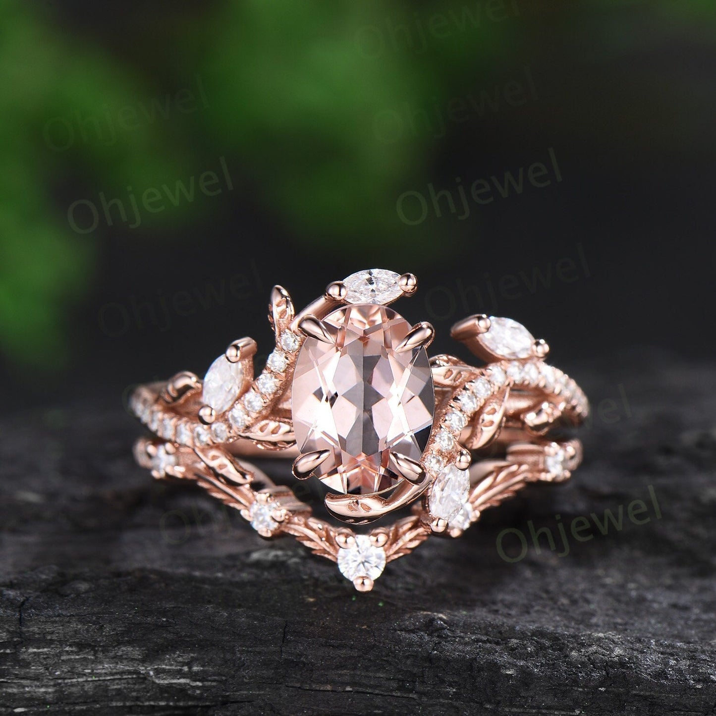 Unique oval cut morganite engagement ring rose gold vintage cluster leaf half eternity twisted diamond wedding bridal ring set women gift