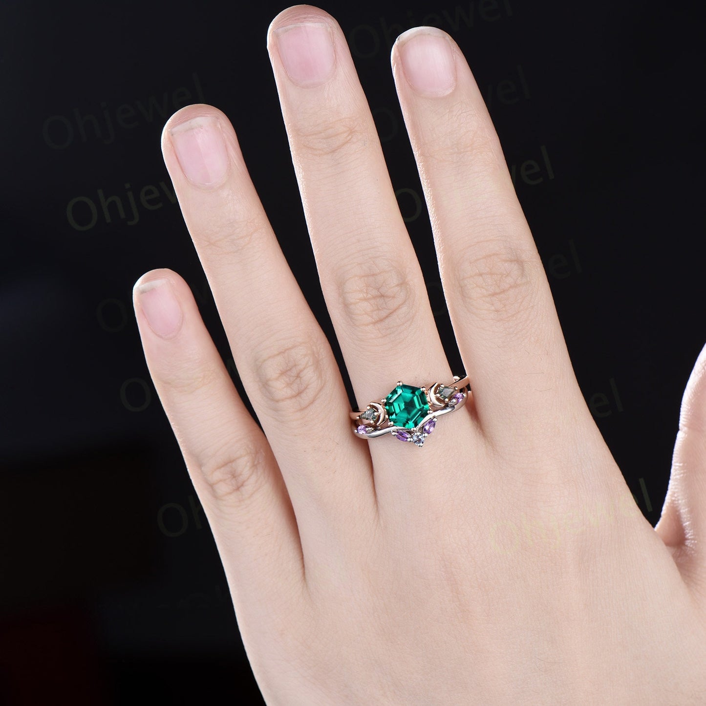 Vintage Hexagon cut green emerald engagement ring moon three stone kite moss agate ring amethyst wedding ring band stacking bridal set women