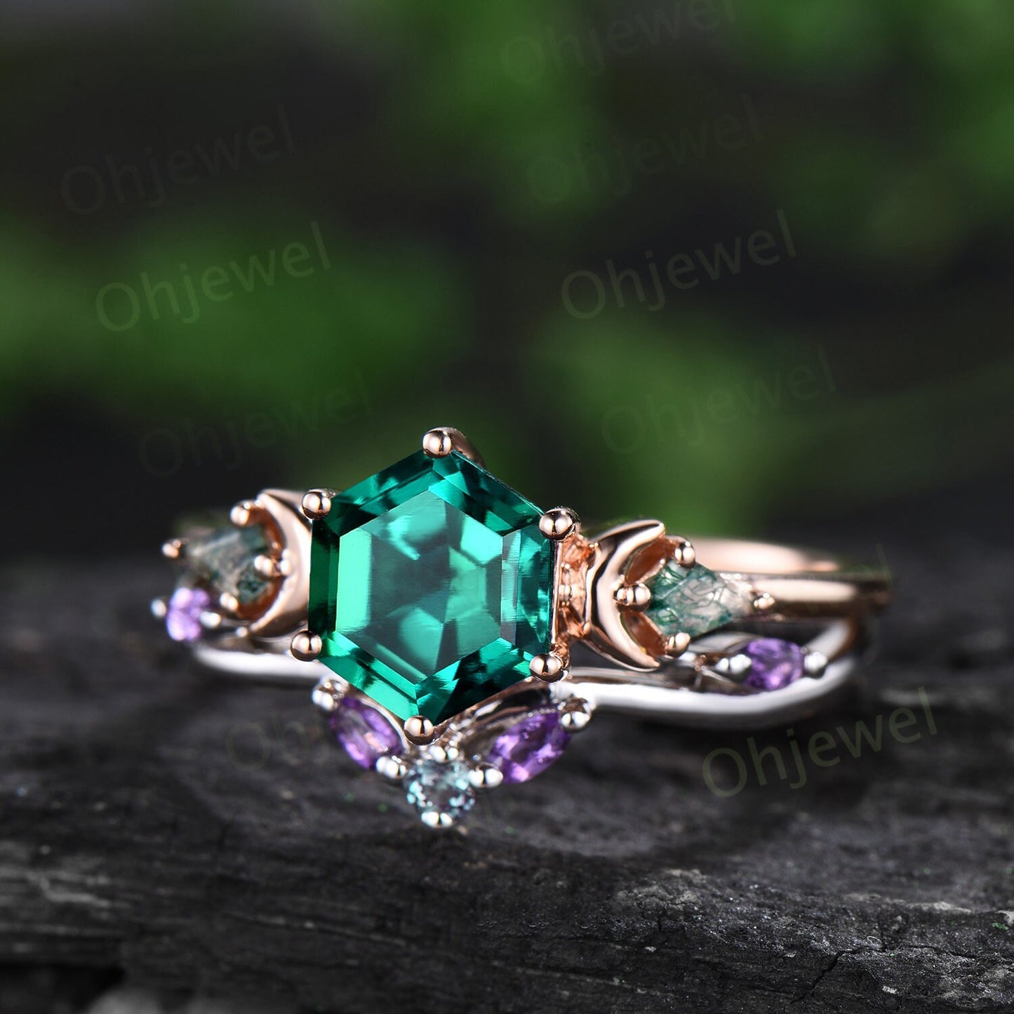 Vintage Hexagon cut green emerald engagement ring moon three stone kite moss agate ring amethyst wedding ring band stacking bridal set women