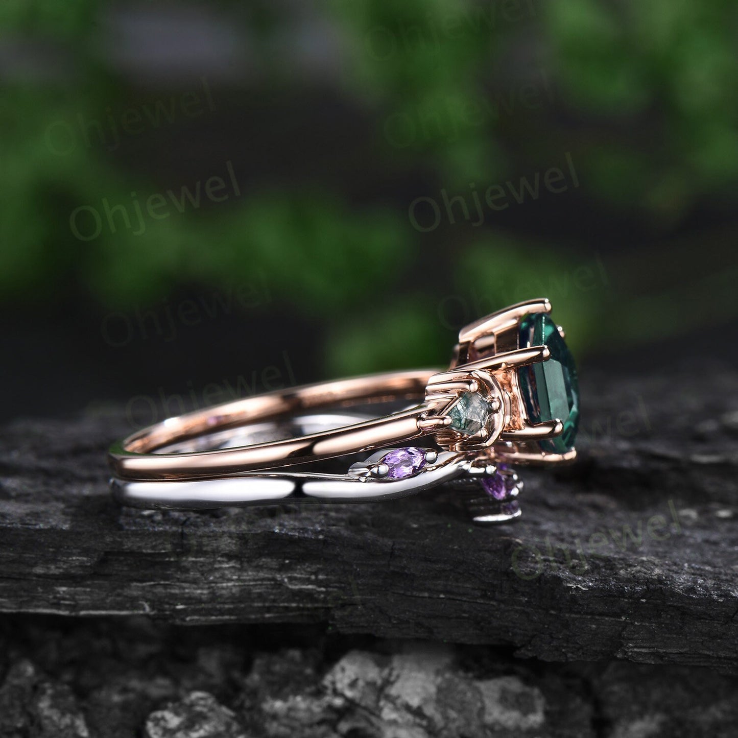 Vintage Hexagon cut green emerald engagement ring moon three stone kite moss agate ring amethyst wedding ring band stacking bridal set women