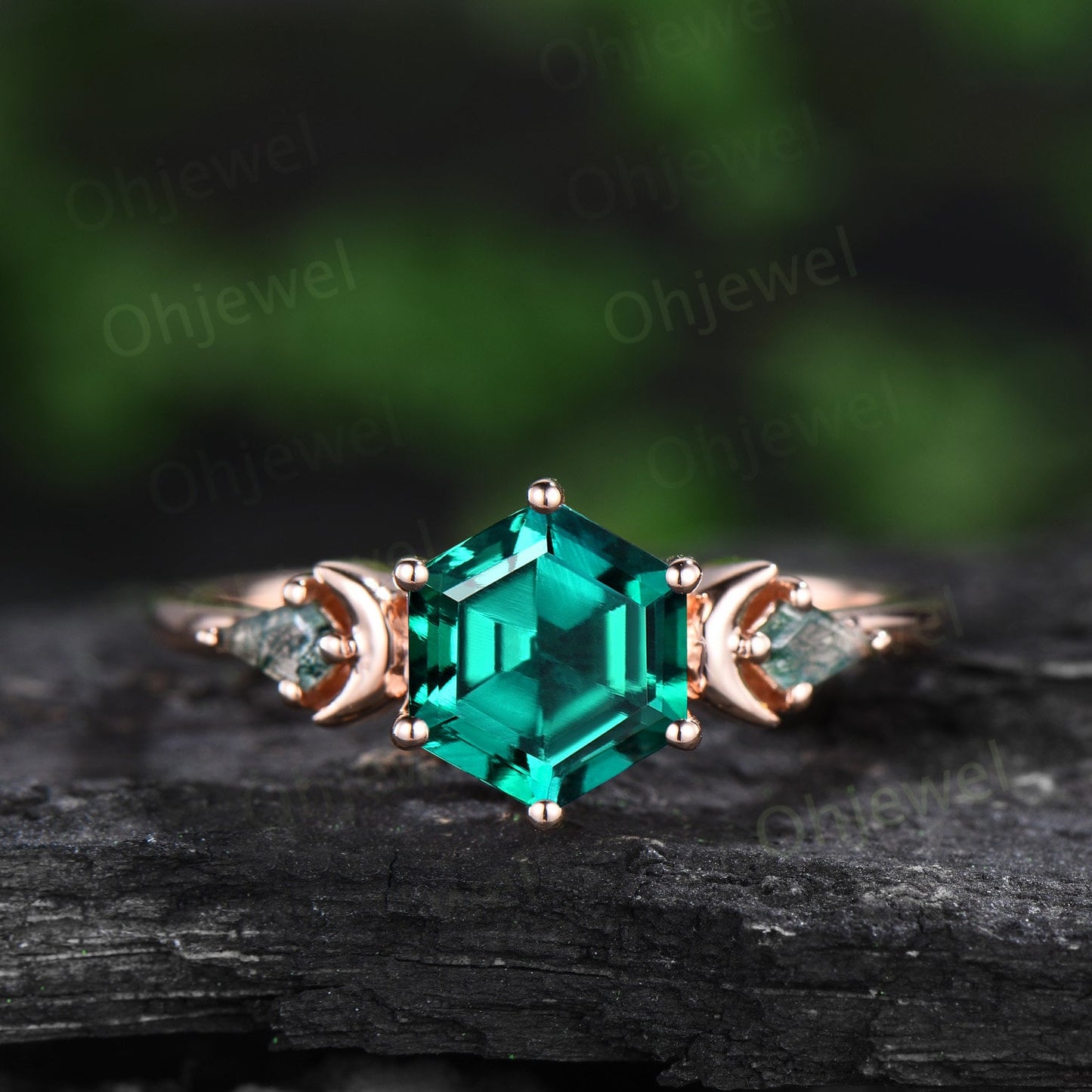 Vintage Hexagon cut green emerald engagement ring moon three stone kite moss agate ring amethyst wedding ring band stacking bridal set women