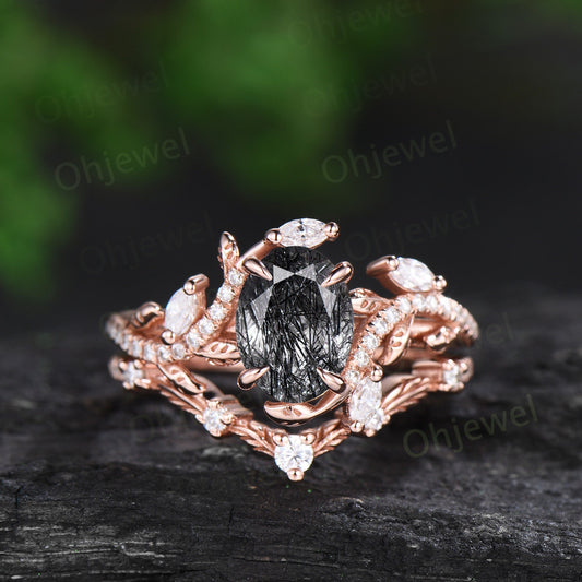 Unique oval black rutilated quartz engagement ring rose gold vintage cluster leaf half eternity twisted diamond bridal ring set women gift
