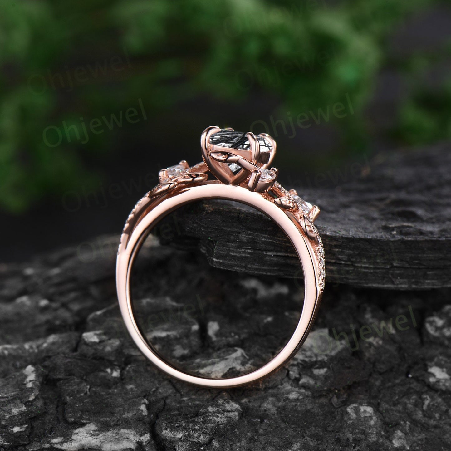 Unique oval black rutilated quartz engagement ring rose gold vintage cluster leaf half eternity twisted diamond bridal ring set women gift