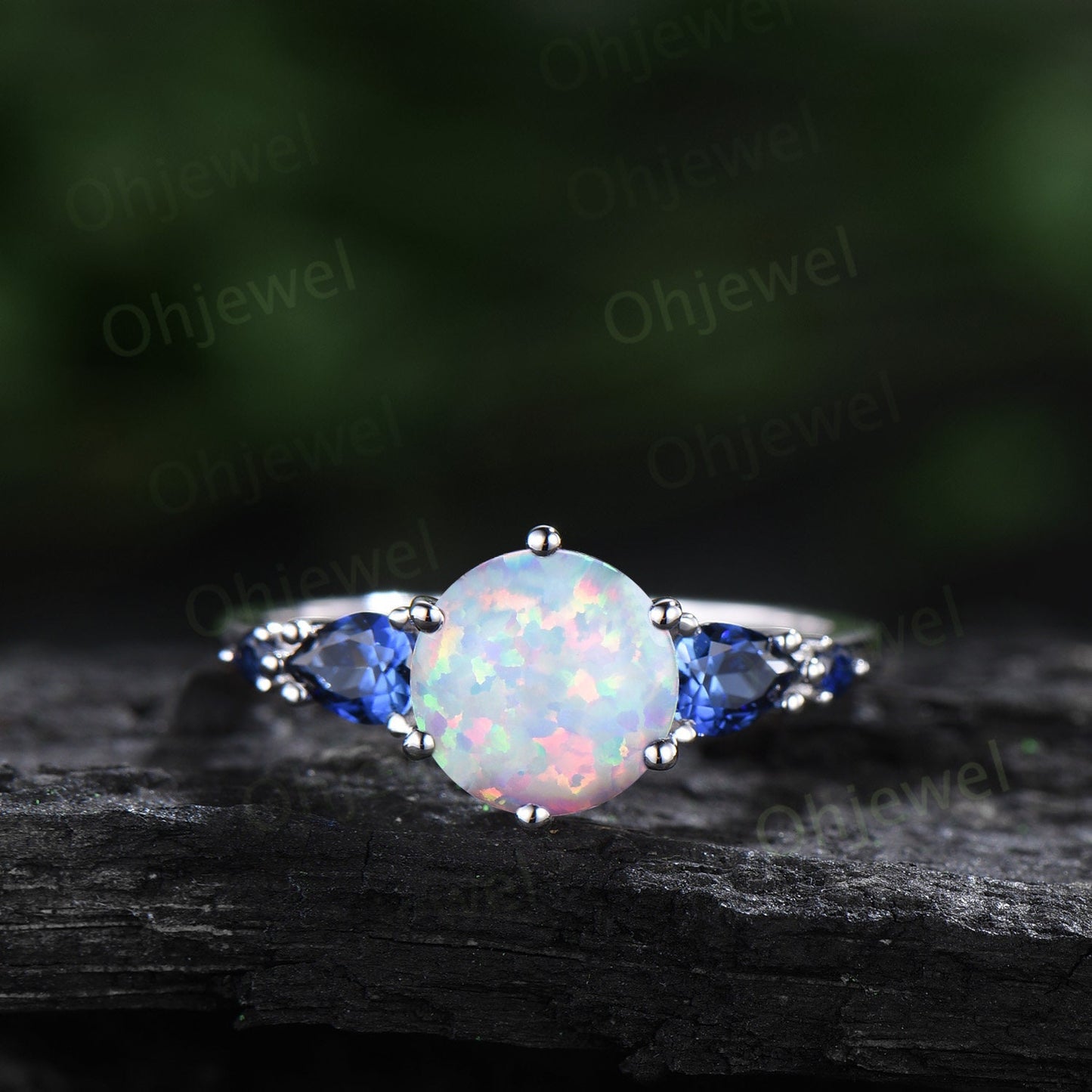 Round opal ring vintage five stone white gold unique engagement ring women pear sapphire ring 6 prong anniversary ring set gift jewelry