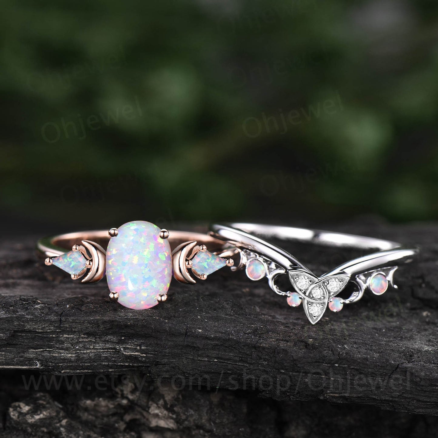 Oval white opal ring rose gold three stone moon unique engagement ring kite opal ring silver celtic knot wedding band women gift jewelry