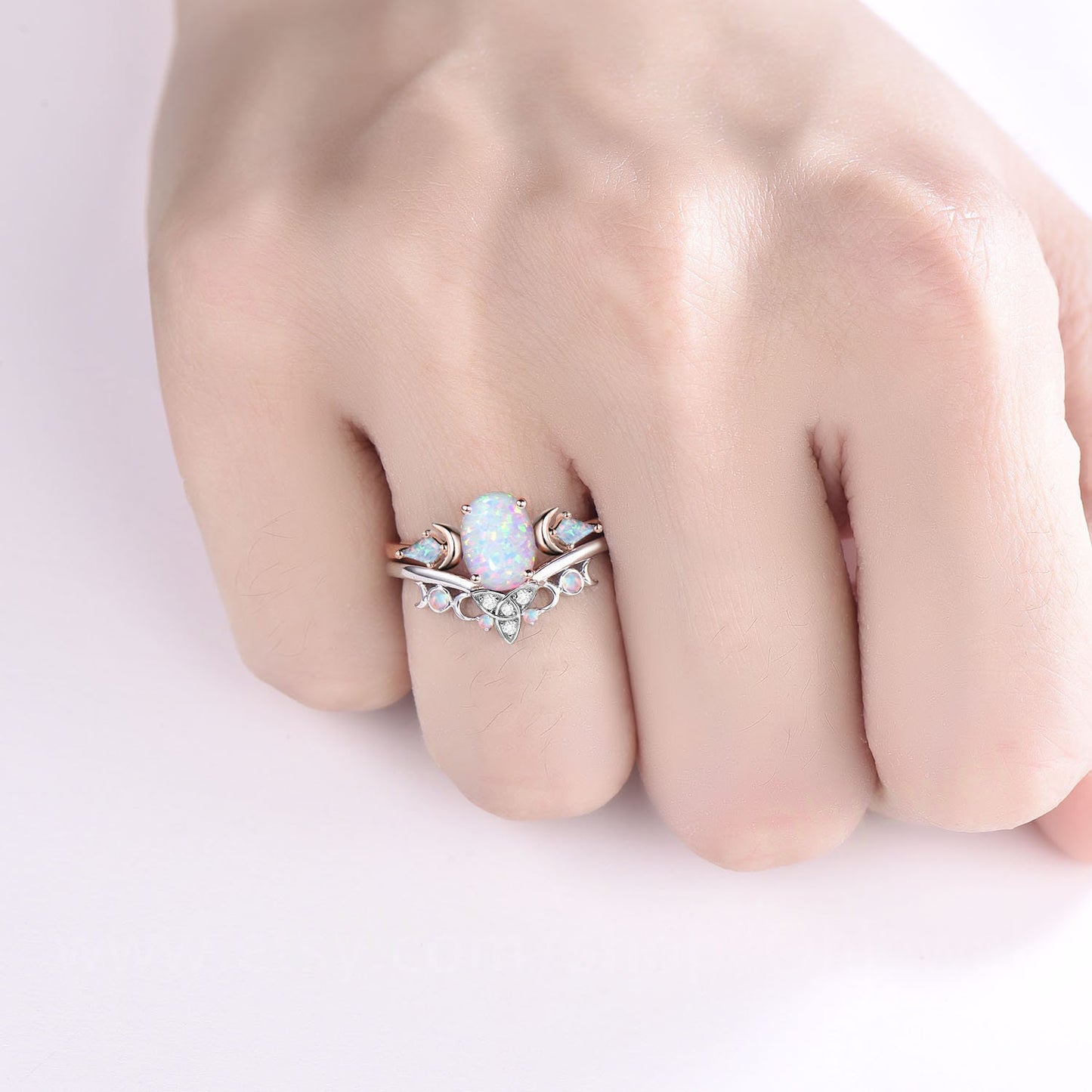Oval white opal ring rose gold three stone moon unique engagement ring kite opal ring silver celtic knot wedding band women gift jewelry
