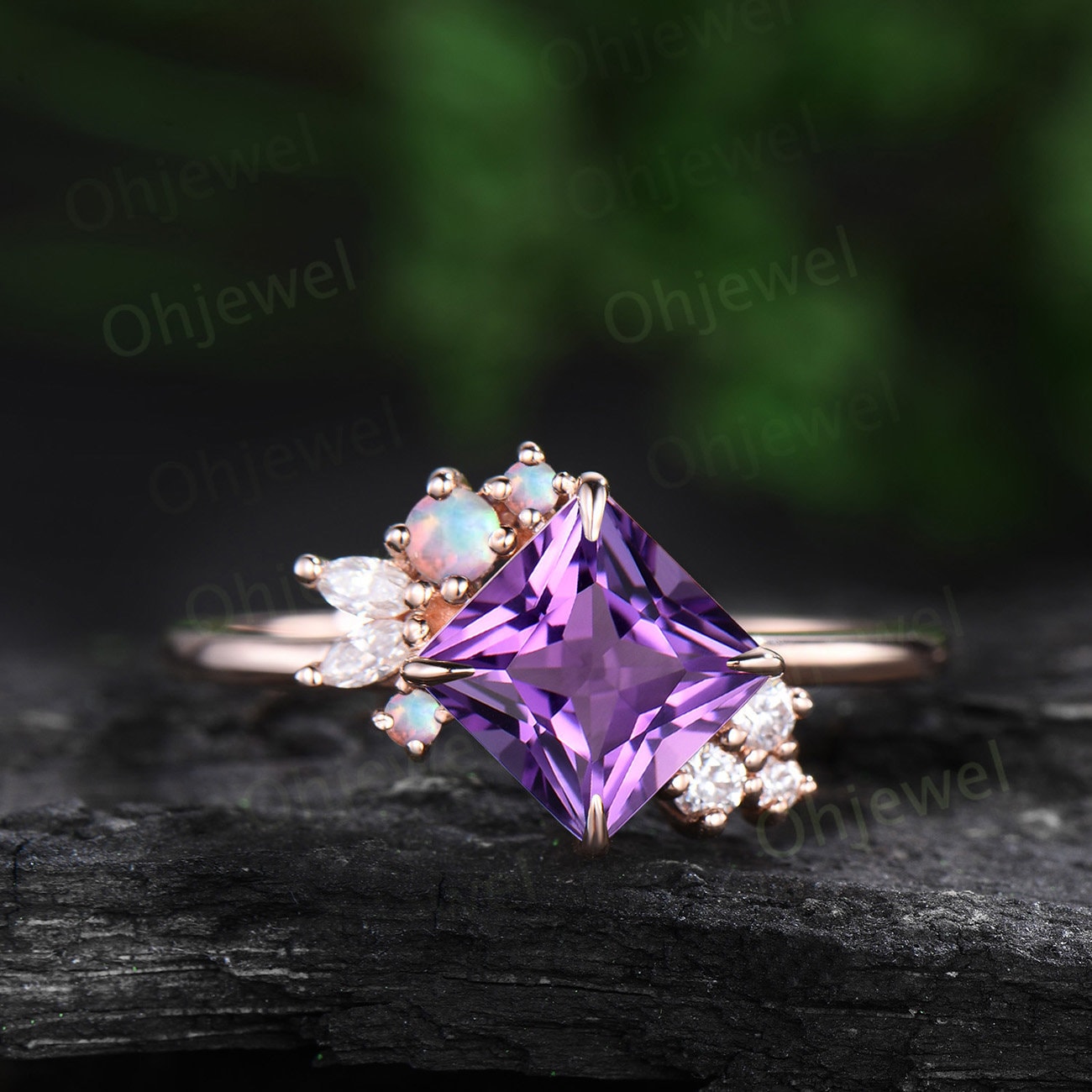 Unique princess cut purple amethyst engagement ring solid 14k 18k rose gold cluster diamond opal ring women vintage anniversary ring gift