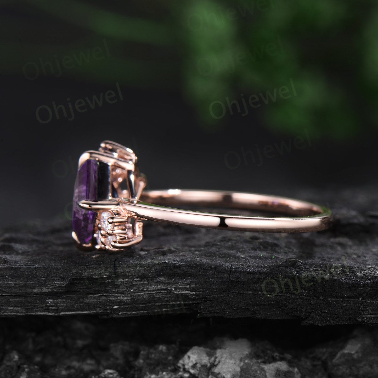 Unique princess cut purple amethyst engagement ring solid 14k 18k rose gold cluster diamond opal ring women vintage anniversary ring gift
