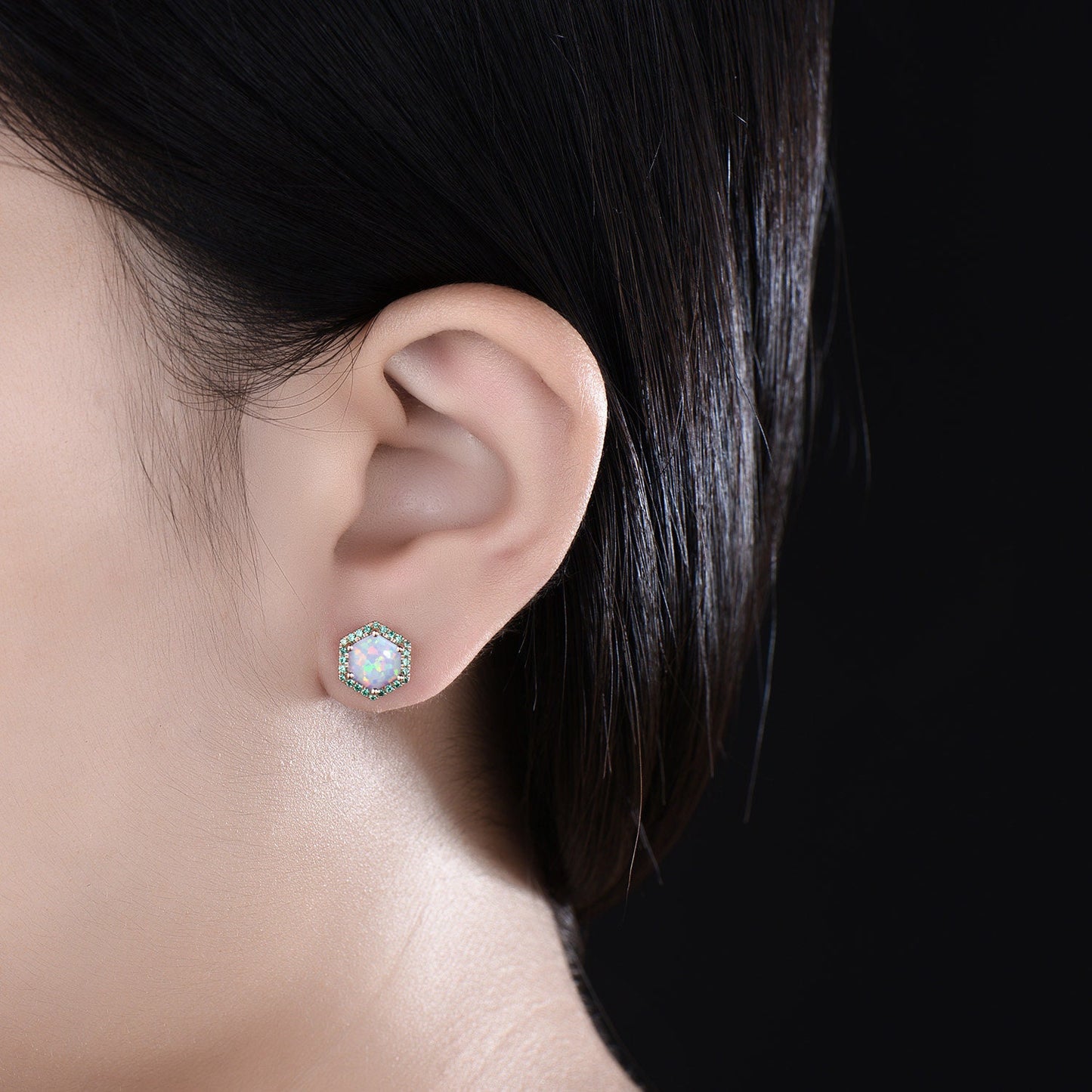 Hexagon white opal earrings solid 14k 18k rose gold October birthstone halo emerald stud earrings women dainty bridal anniversary gift