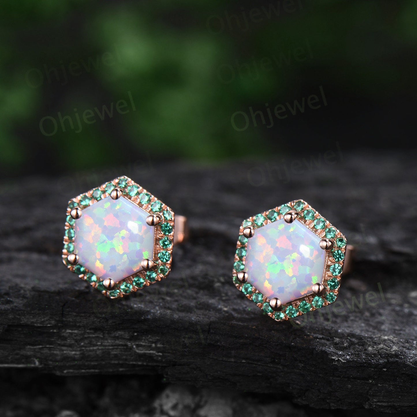 Hexagon white opal earrings solid 14k 18k rose gold October birthstone halo emerald stud earrings women dainty bridal anniversary gift