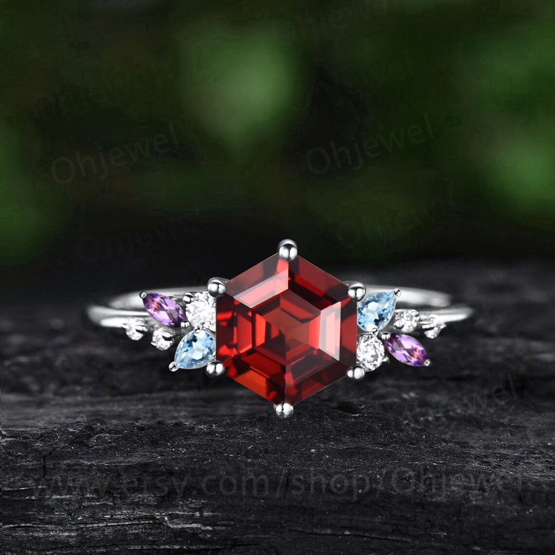 Hexagon cut red garnet engagement ring solid 14k rose gold 6 prong cluster snowdrift amethyst topaz ring vintage anniversary ring women