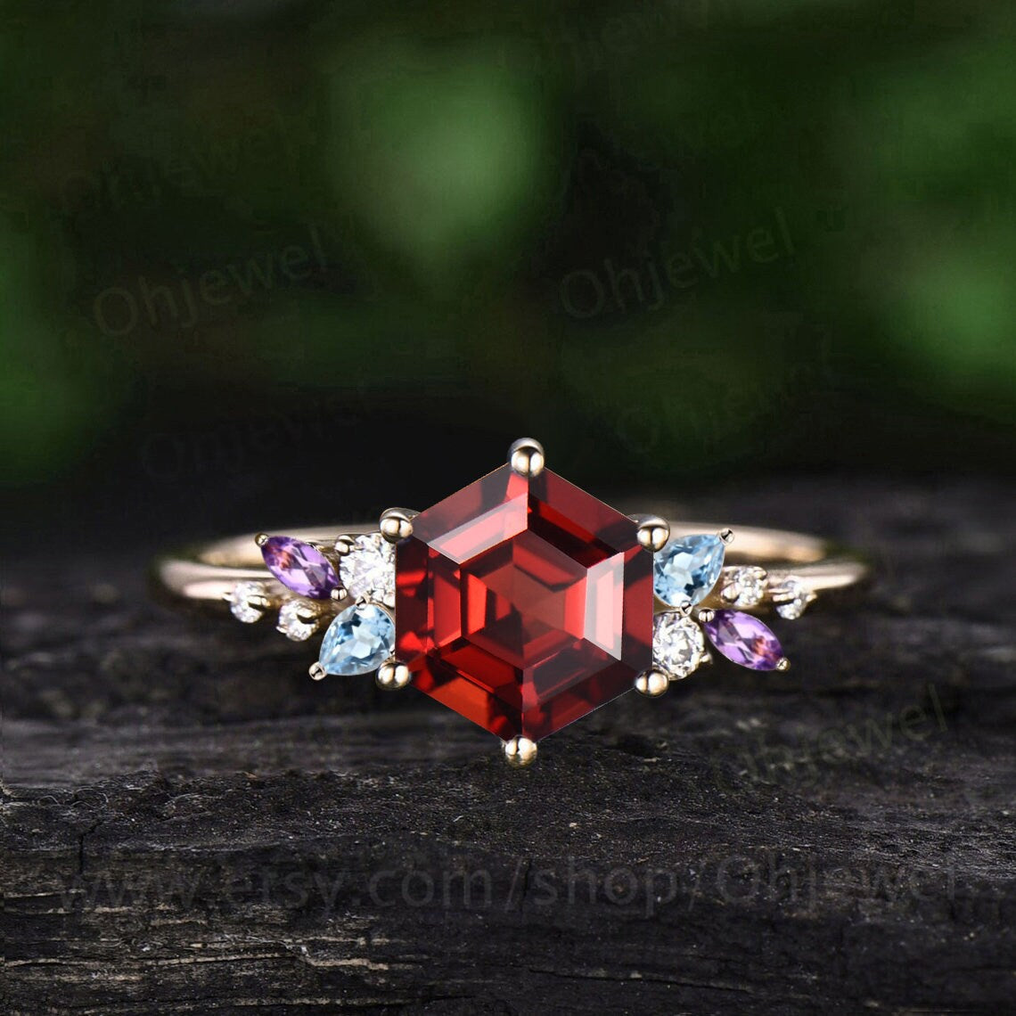 Hexagon cut red garnet engagement ring solid 14k rose gold 6 prong cluster snowdrift amethyst topaz ring vintage anniversary ring women