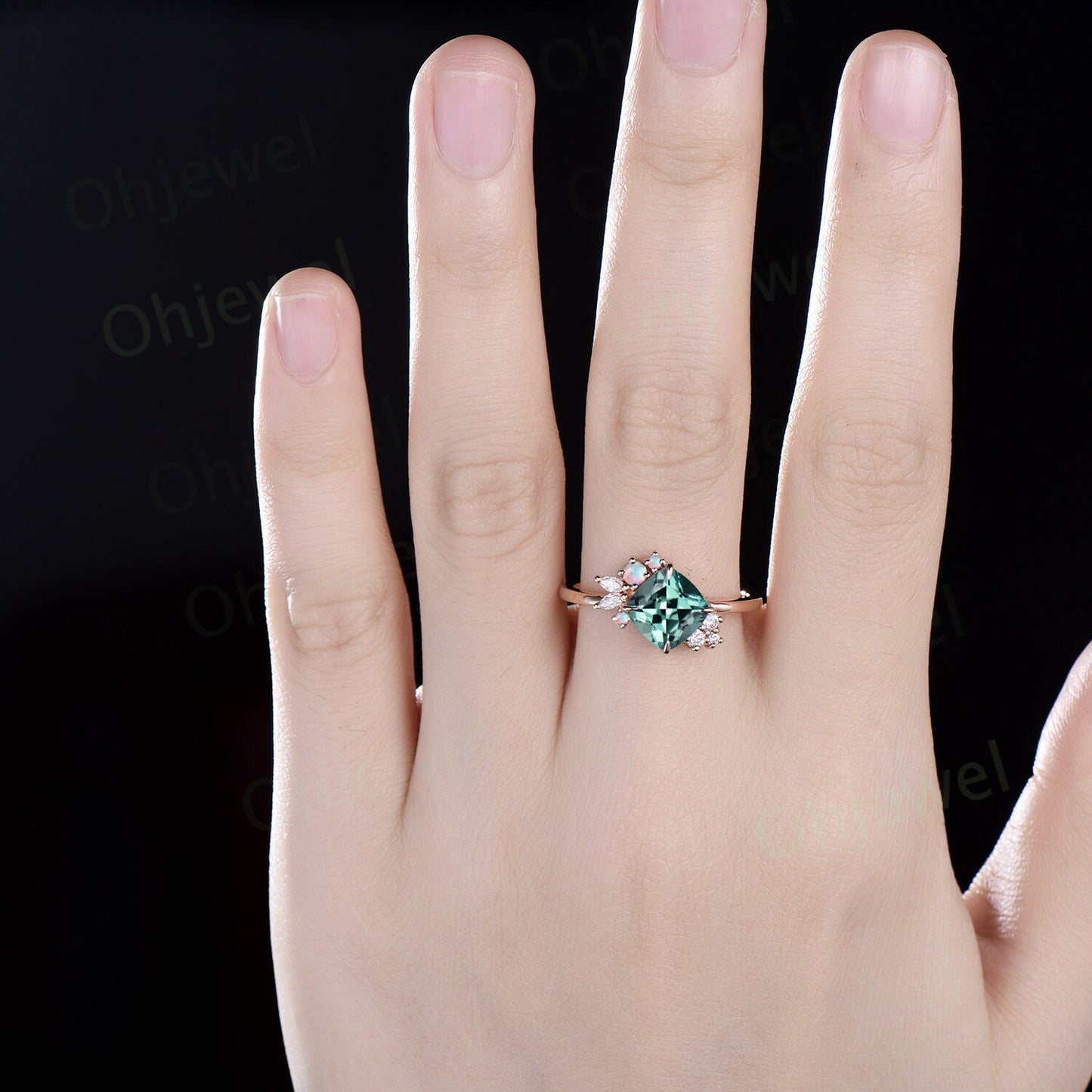 Cushion cut green sapphire engagement ring solid 14k rose gold snowdrift cluster opal ring vintage diamond anniversary ring gift for women