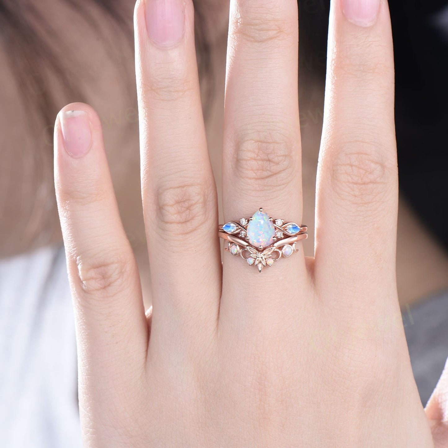 Pear shaped white opal ring vintage unique engagement ring art deco 14k rose gold leaf moonstone ring women twisted promise ring set gift