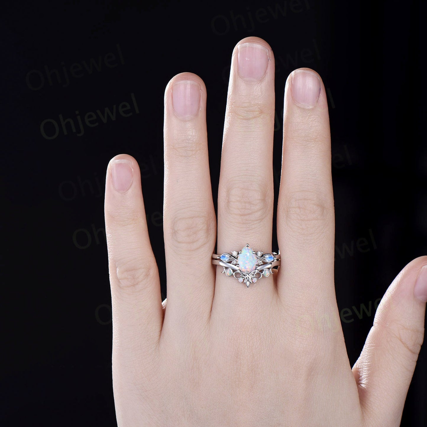 Pear shaped white opal ring vintage unique engagement ring art deco 14k rose gold leaf moonstone ring women twisted promise ring set gift