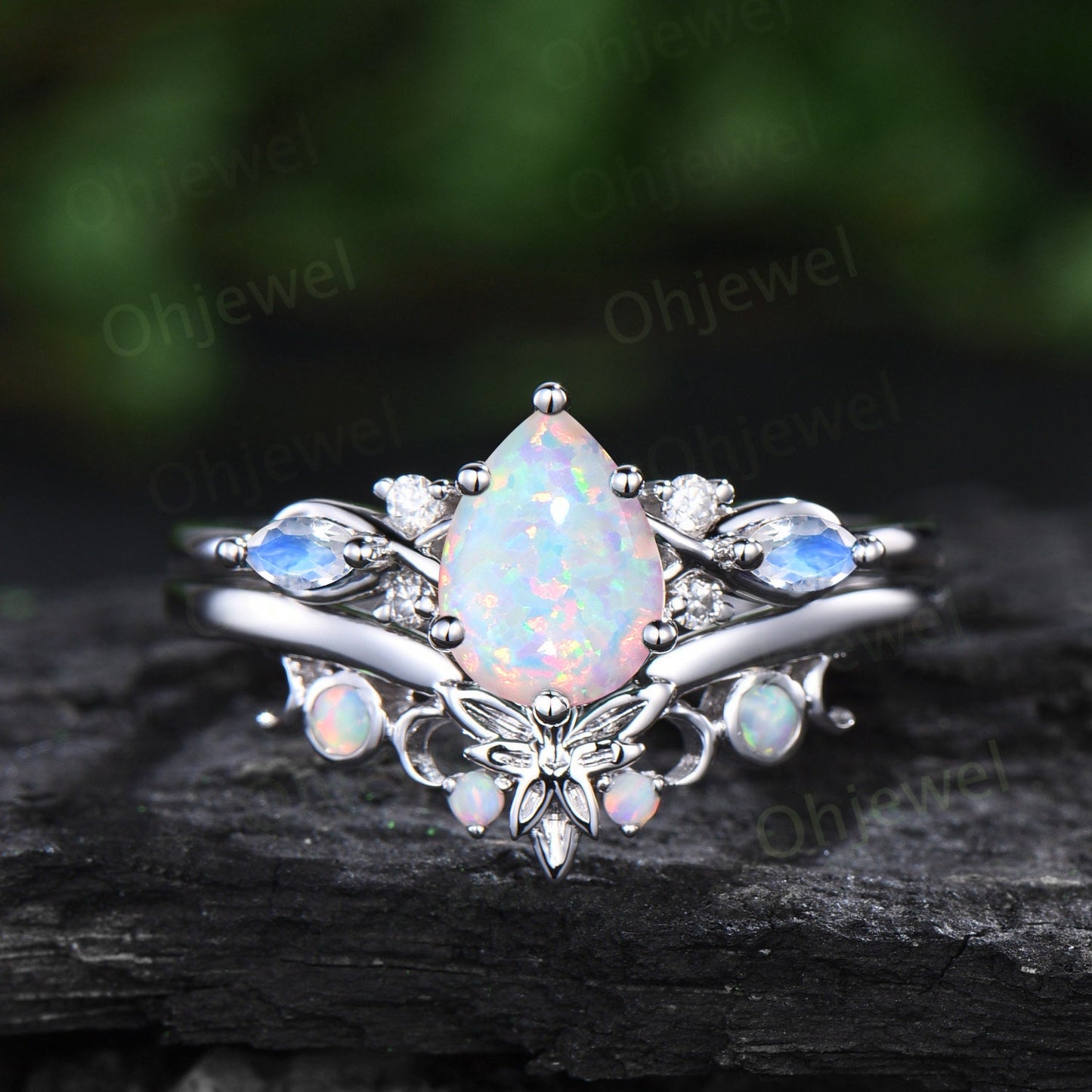 Pear shaped white opal ring vintage unique engagement ring art deco 14k rose gold leaf moonstone ring women twisted promise ring set gift