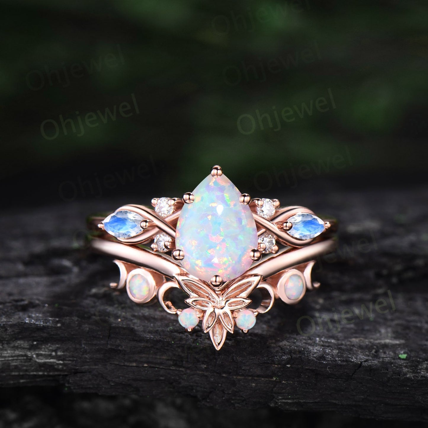 Pear shaped white opal ring vintage unique engagement ring art deco 14k rose gold leaf moonstone ring women twisted promise ring set gift