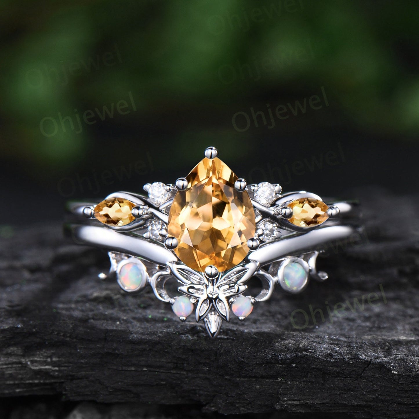 Pear shaped citrine ring vintage unique engagement ring art deco 14k yellow gold leaf opal ring women twisted wedding promise ring set gift
