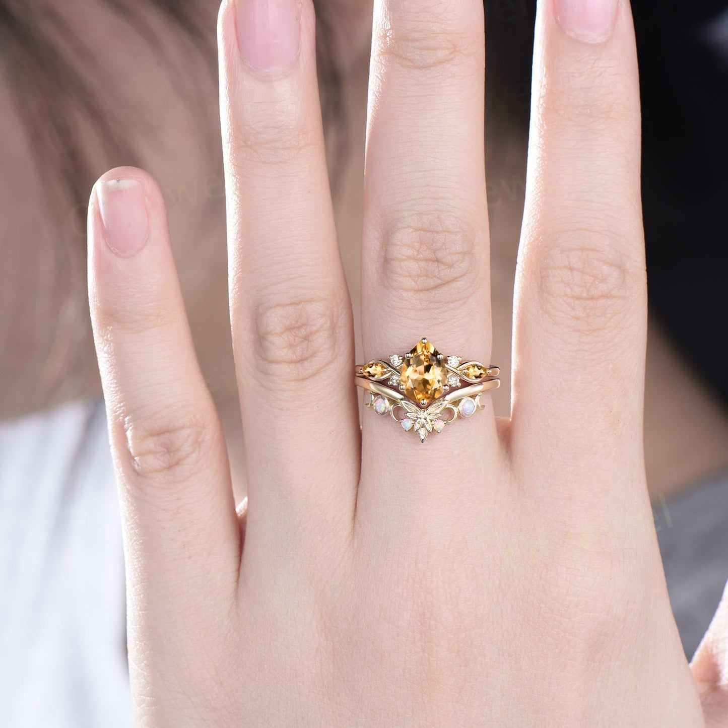 Pear shaped citrine ring vintage unique engagement ring art deco 14k yellow gold leaf opal ring women twisted wedding promise ring set gift