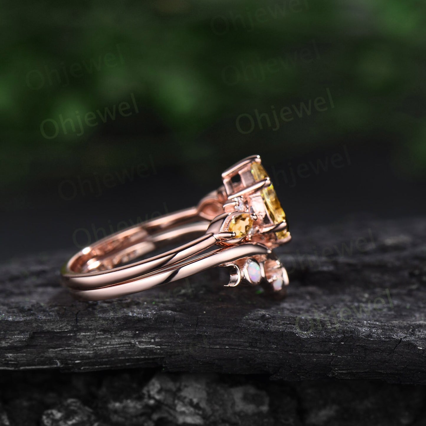 Pear shaped citrine ring vintage unique engagement ring art deco 14k yellow gold leaf opal ring women twisted wedding promise ring set gift