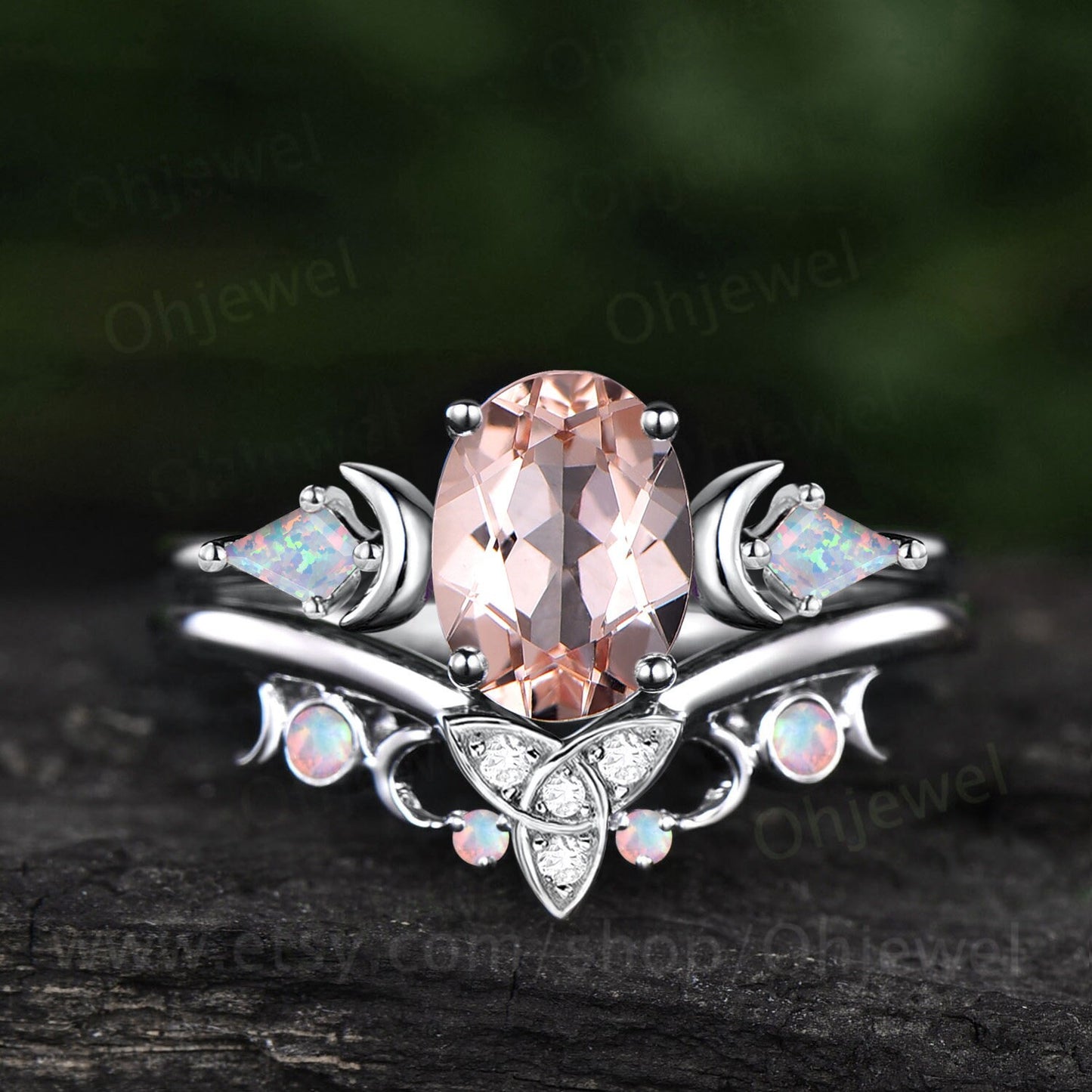 Vintage oval cut morganite engagement ring Moon kite opal ring solid 14k rose gold Crystal gemstone moissanite promise bridal ring set women