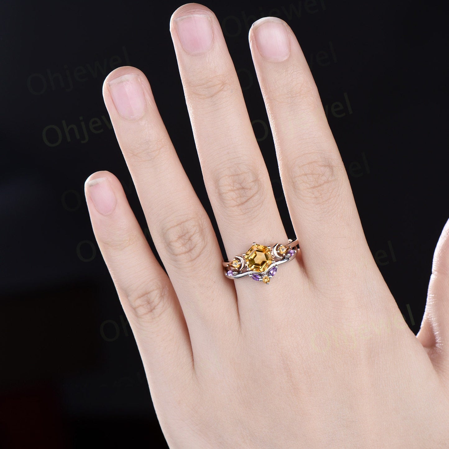 Hexagon cut yellow citrine ring vintage moon three stone unique engagement ring women marquise amethyst bridal anniversary ring set gift