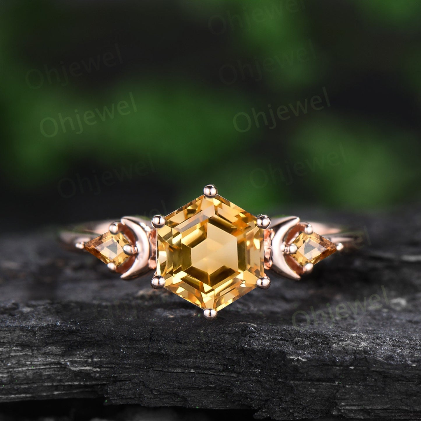 Hexagon cut yellow citrine ring vintage moon three stone unique engagement ring women marquise amethyst bridal anniversary ring set gift