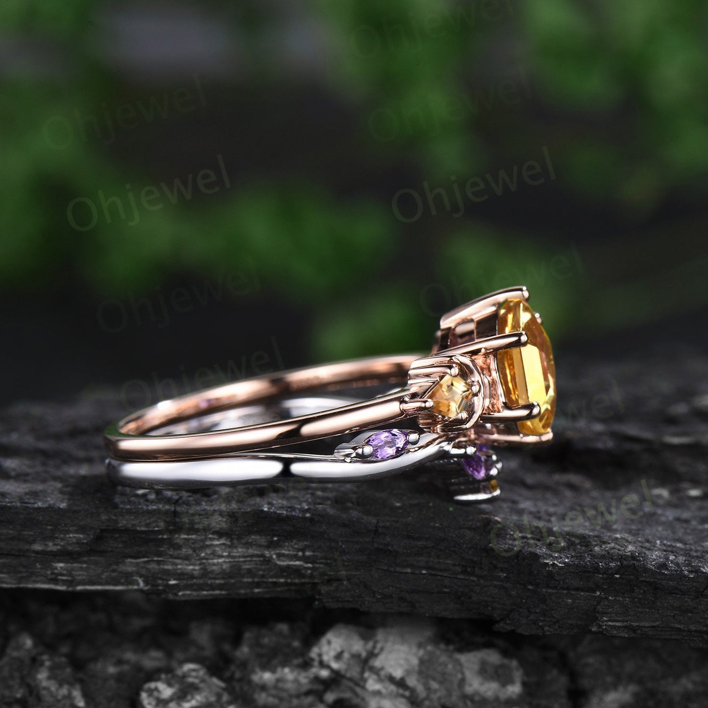 Hexagon cut yellow citrine ring vintage moon three stone unique engagement ring women marquise amethyst bridal anniversary ring set gift