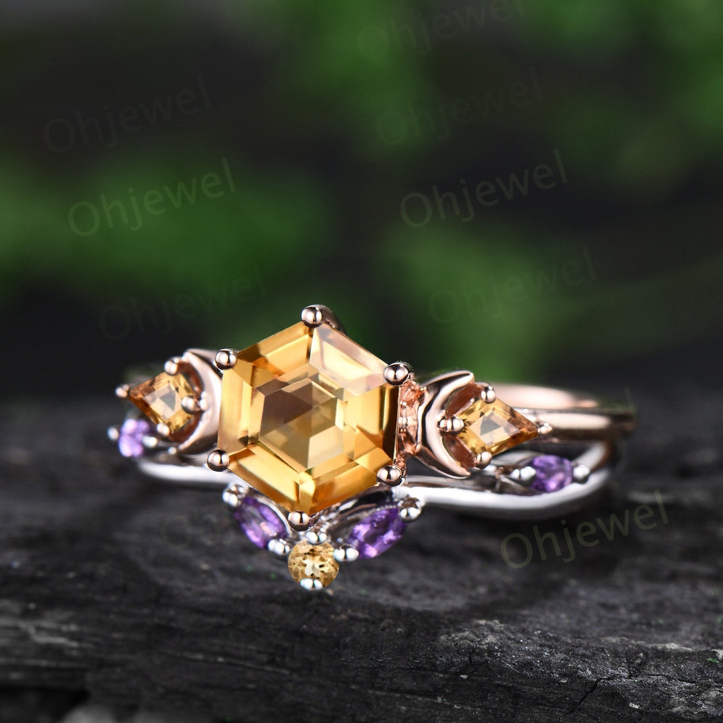 Hexagon cut yellow citrine ring vintage moon three stone unique engagement ring women marquise amethyst bridal anniversary ring set gift