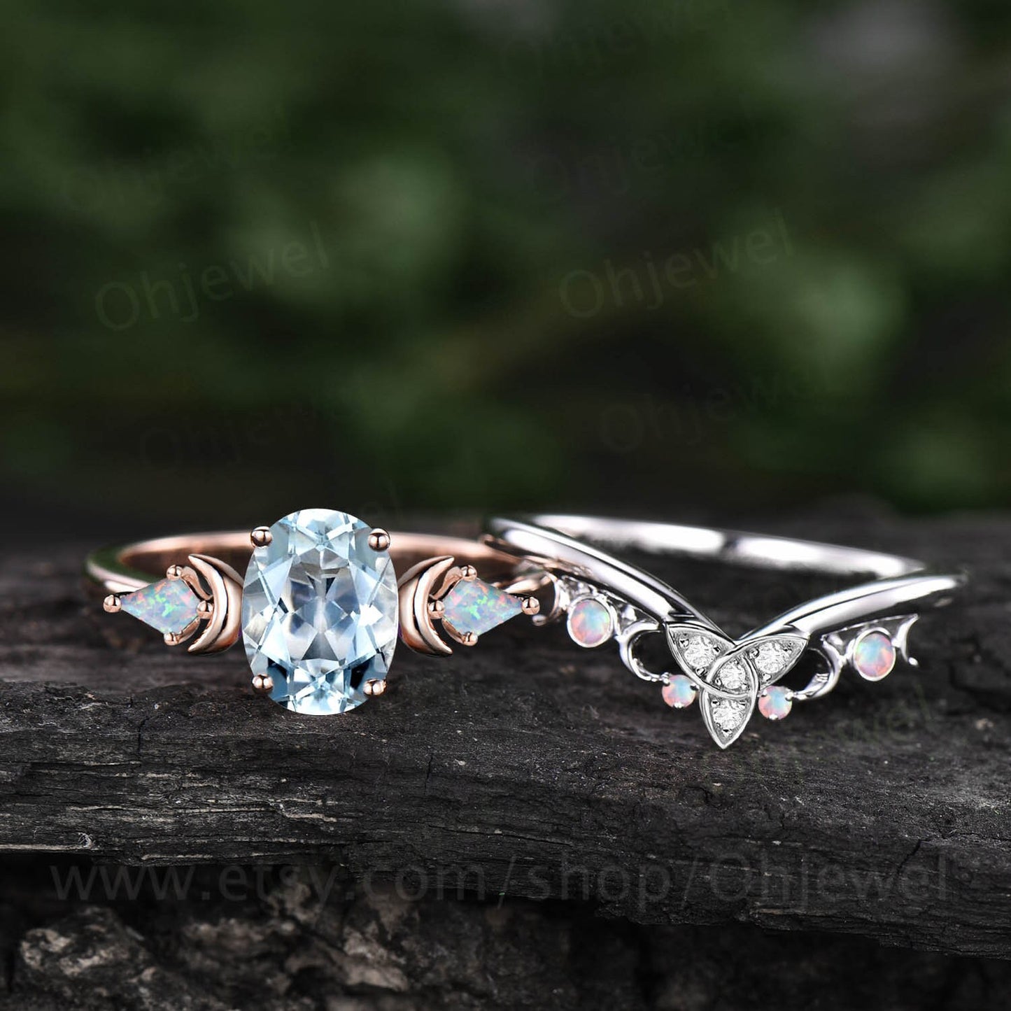 Vintage oval cut aquamarine engagement ring Moon kite opal ring solid 14k rose gold moissanite promise bridal ring set women jewelry