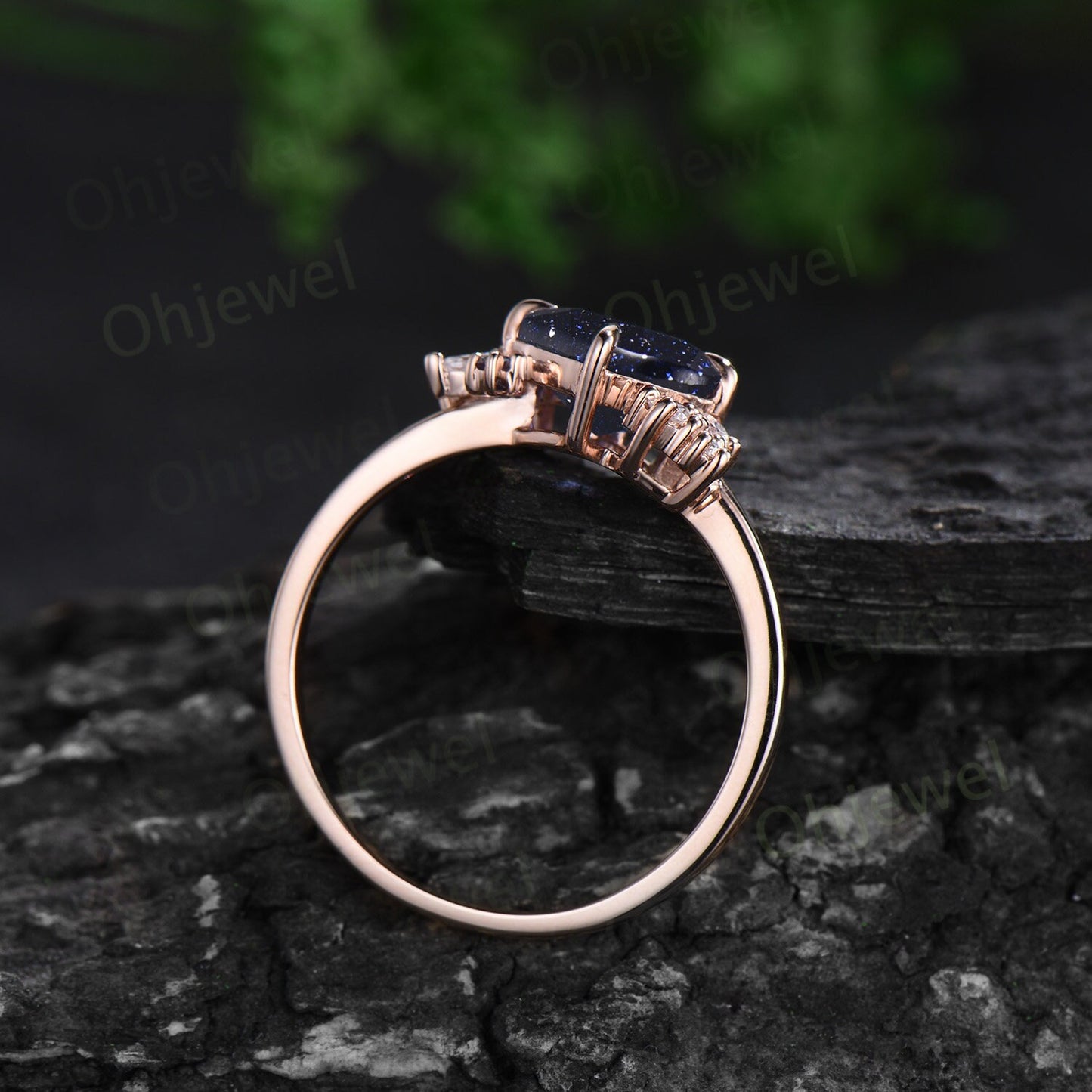 Princess cut blue sandstone ring vintage rose gold unique cluster engagement ring art deco diamond opal wedding anniversary ring gift