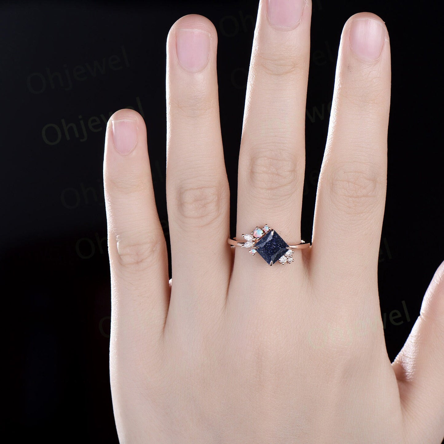Princess cut blue sandstone ring vintage rose gold unique cluster engagement ring art deco diamond opal wedding anniversary ring gift