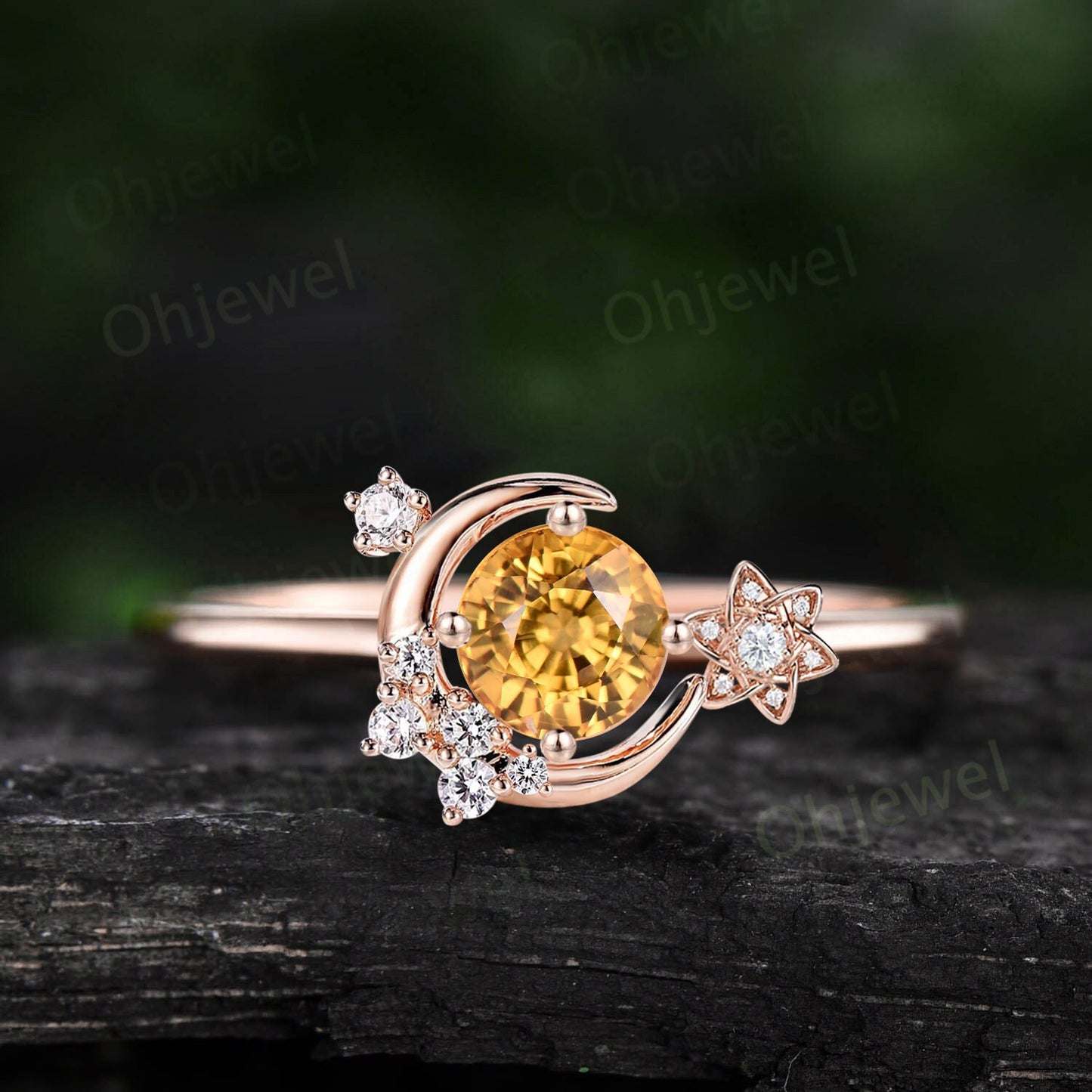 Round cut natural yellow sapphire ring vintage moon engagement ring gold cluster diamond ring women dainty bridal anniversary ring gift