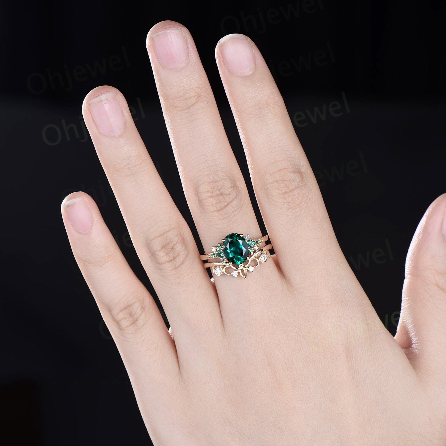 Vintage oval cut emerald engagement ring set solid 14k rose gold cluster snowdrift peridot topaz ring women gemstone ring unique bridal ring
