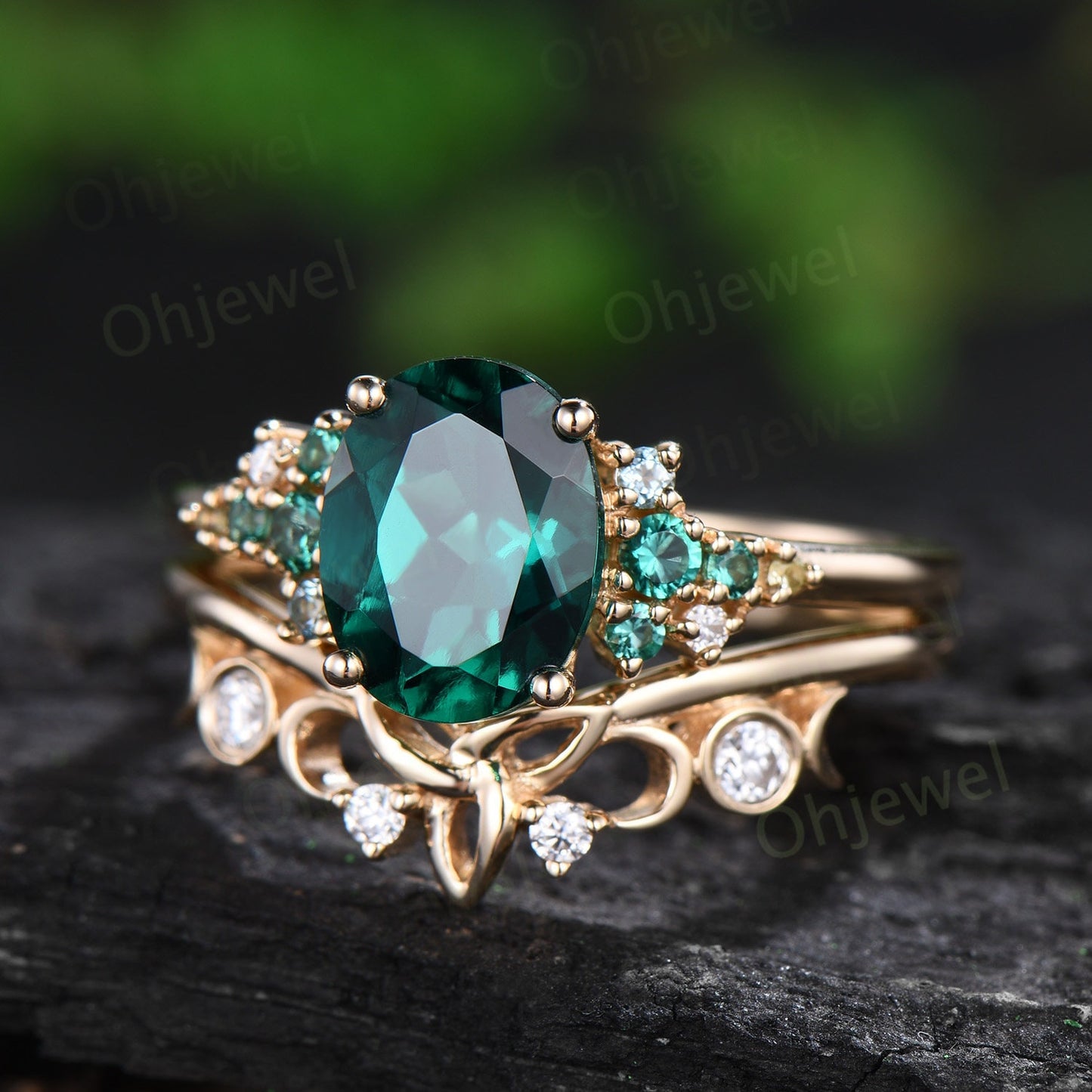 Vintage oval cut emerald engagement ring set solid 14k rose gold cluster snowdrift peridot topaz ring women gemstone ring unique bridal ring